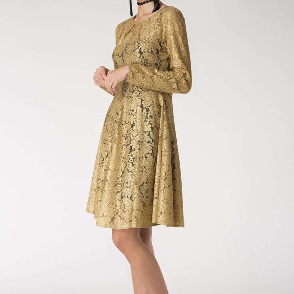 CLOSET LONDON GOLD PLEATED FRONT LACE SKATER DRESS - Picture 3 of 4